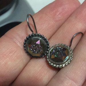 Vintage IND marked 925 Silver natural Druzy Color change wire pierced earrings